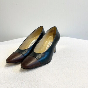 Etienne Aigner Black Heels Womens 5.5M Vintage Leather Pumps Brown Cap Toe Spain